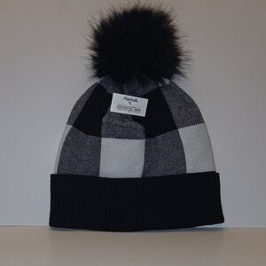 Rachael Zoe Black & White Buffalo Plaid Pom Pom Beanie Knit Cap